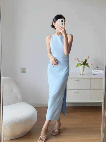 Baby Blue Sheath Round Neck Satin Prom Dress Evening Dress Party Dress HZ1023